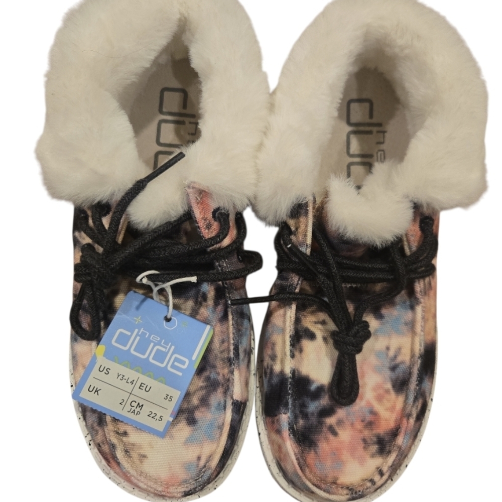 ✨ NWT Hey Dude Kids Britt Tie-Dye Faux Fur Loafers size US Youth 3 L4✨